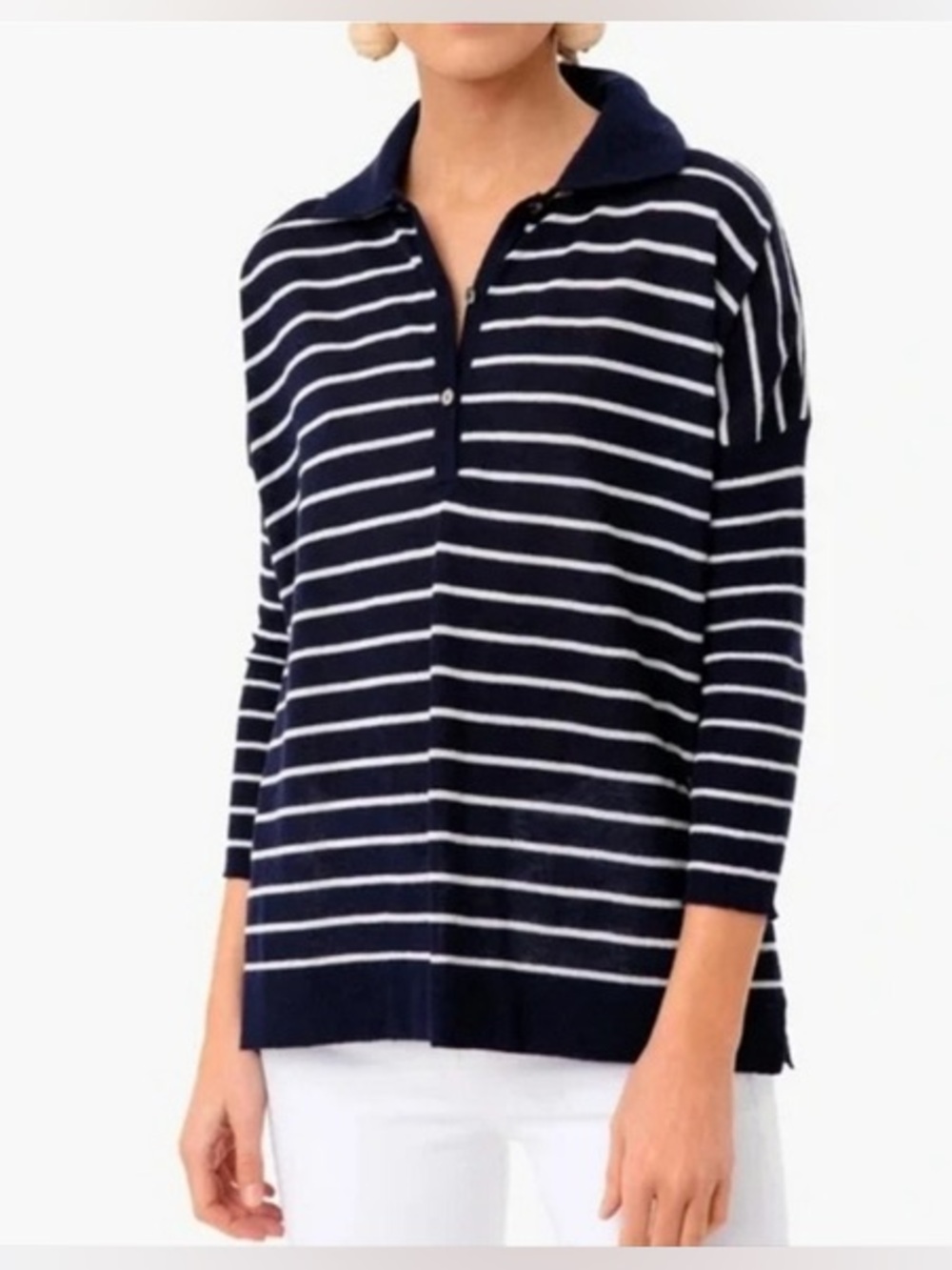 Tuckernuck Navy and White Clayton Striped Polo tencel linen blend sweater M/L